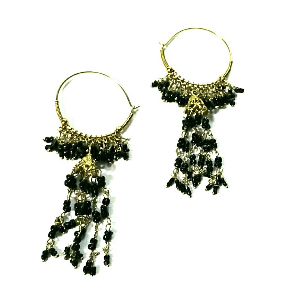 Ethnic Inspired Beaded Dangle Hoops Black